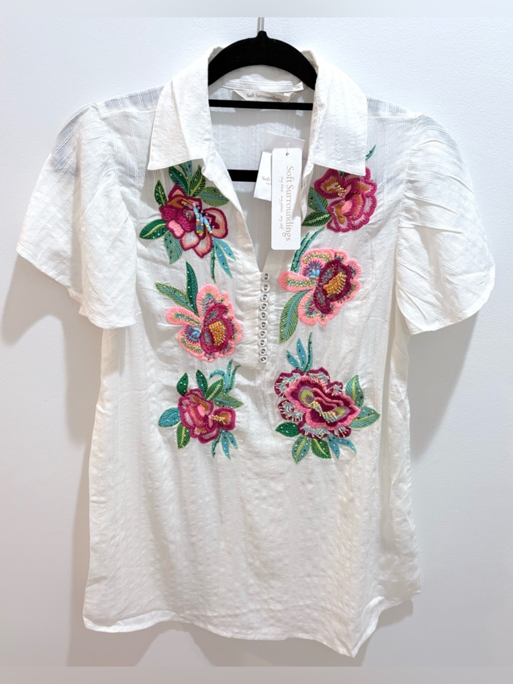 Soft Surroundings Floral Popover Embroidered Tunic Blouse Travel Artsy Boho NWT